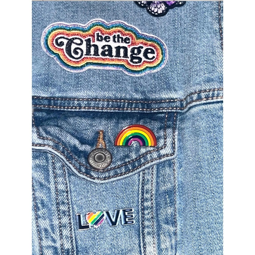 Rainbow Butterflies Pride Boho Festival Patch Denim Jean Jacket LGBTQIA+ sz. XL - Picture 6 of 9